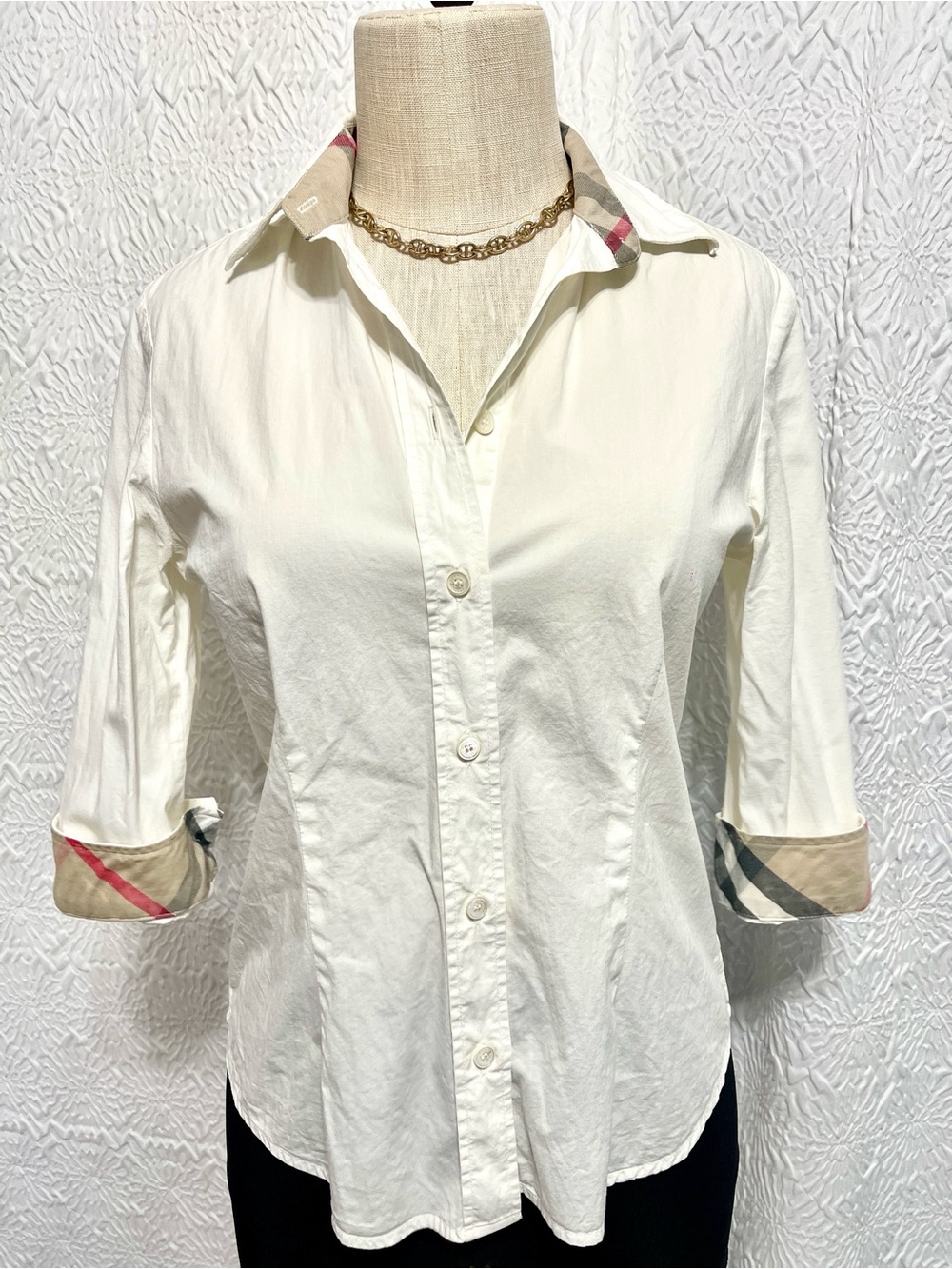 Burberry White Button-Down Shirt with Signature Check Trim